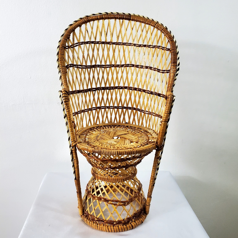 Vintage Wicker Rattan Doll Chair Boho Decor Peacock Potted Plant Stand Bohemian